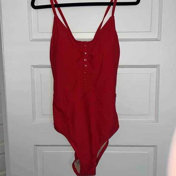Red one piece swimsuit with crossed back tie. Size Large. Excellent condition. - Picture 2 of 5
